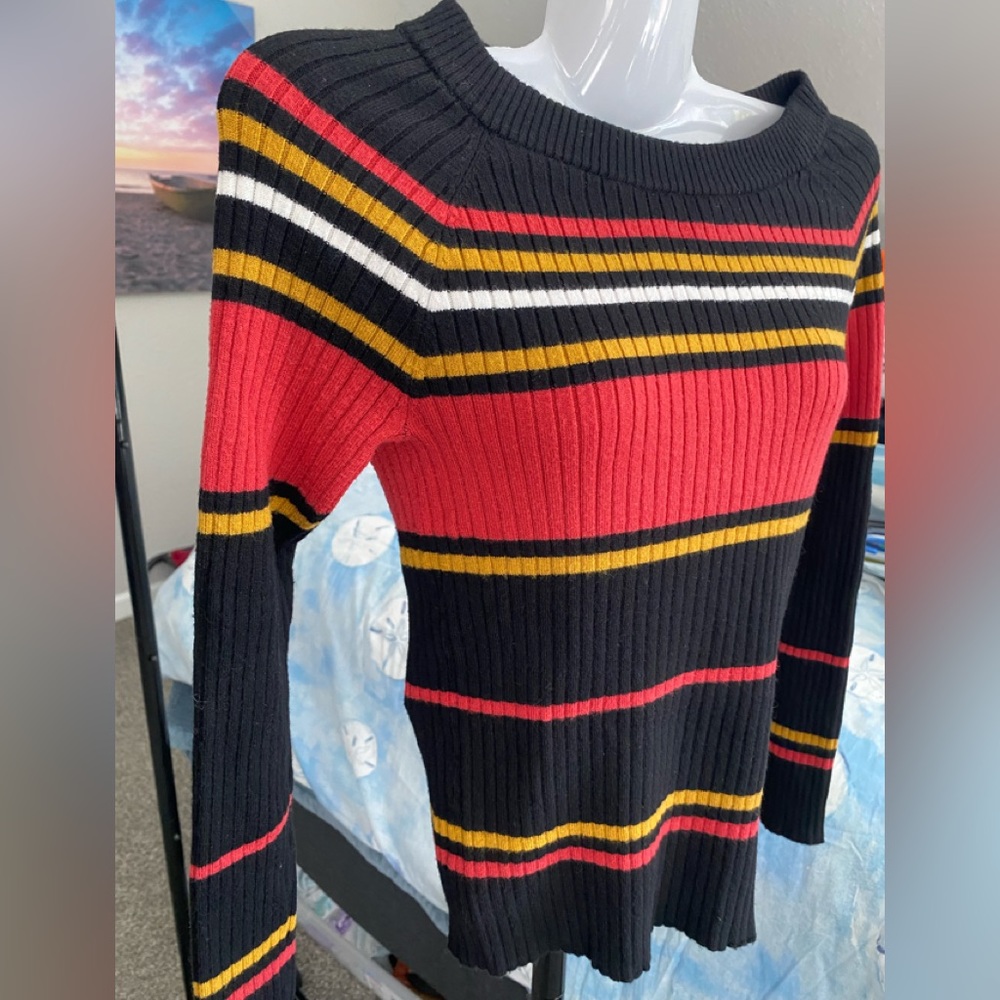 Crew/Boat Neck Striped Ribbed Sweater - Picture 10 of 16